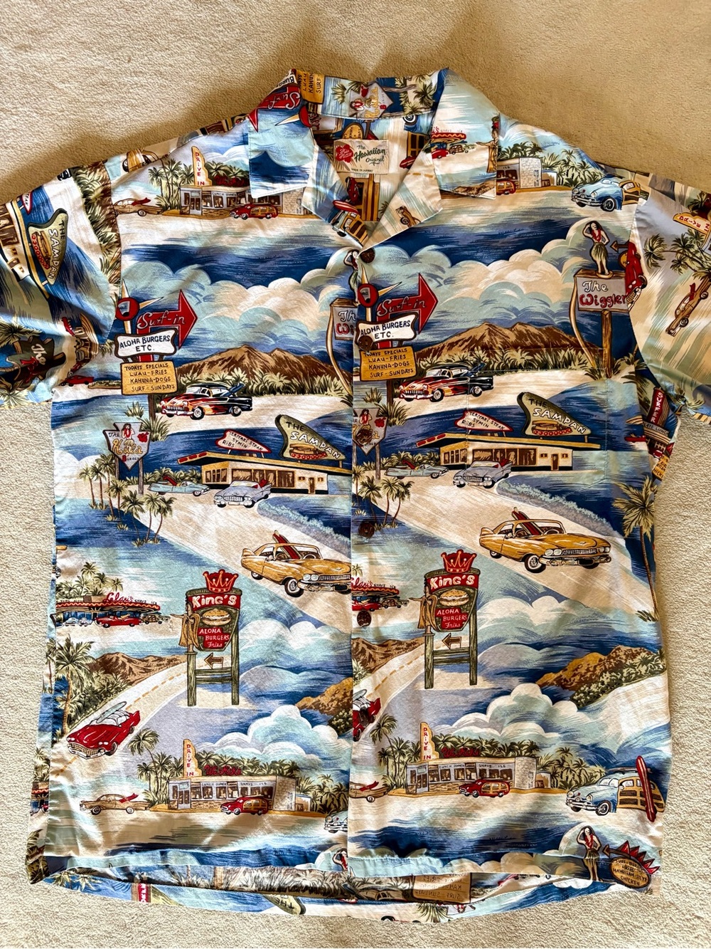 Hilo Hattie Blue and Cream Retro Car Print Hawaiian Shirt